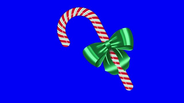 Red and white striped candy cane with bow animation. Realistic candy cane. Sweet stick for new year. Decoration sugar lollipop. 4K animation