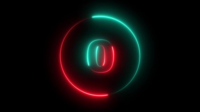 Neon glowing countdown timer 5 second animation. Circle countdown timer 5 sec animation on black background. 5 second countdown timer animation with neon number text. 5 to 0 with interesting circle.