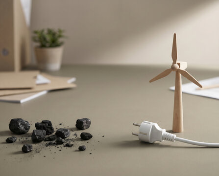 Coal and clean power objects on tabletop