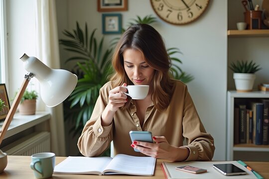 Inviting Home Office Setting: A Mid-Career Woman Enjoying Coffee at Her Desk, Engrossed in Her Smartphone Amidst Soothing Decor and Productivity Essentials