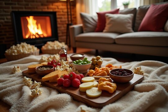 Warm and Inviting Living Room with a Stylish Charcuterie Board on a Soft Blanket, Accompanied by Popcorn, Plush Cushions, and a Classic Movie Screening in the Background