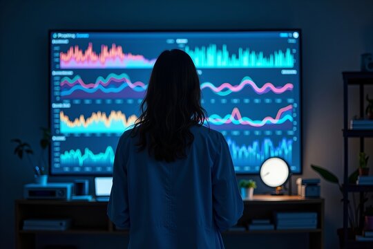 Scientist Analyzing Vibrant Sleep Pattern Graphs in a Dimly Lit Laboratory Surrounded by Books and Equipment