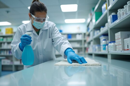 Detailed Close-Up of a Staff Member in PPE Carefully Disinfecting a Countertop in a Dispensary, Highlighting the Cleaning Product and Shiny Surface