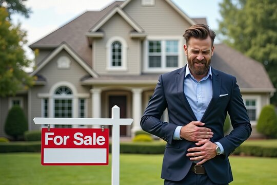 Realtor in Front of Gorgeous Property: A For Sale Sign in One Hand, Clutching Stomach with a Grimace in the Other