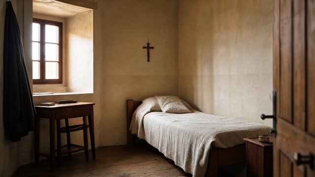dormitory. Simple monastery dormitory with wooden bed and coarse linen sheets. event programs, museum guides, designed for cultural heritage projects and event programs, preserves heritage.