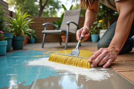 Homeowner Transforming Patio with a Fresh Coat of Paint: A Vibrant Scene of Renovation Amidst Lush Plants and Charming Garden Decor