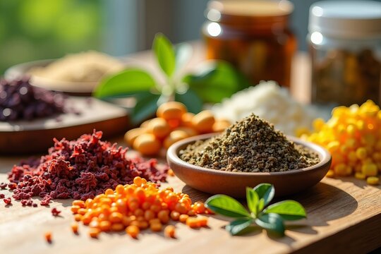 Close-Up of Vibrant Dried Herbs and Colorful Natural Supplements Artfully Displayed on a Wooden Countertop, Bathed in Soft Sunlight