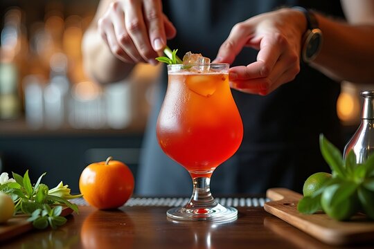 Artful Close-Up of a Bartender Carefully Garnishing a Colorful Mocktail in a Chic Glass Amidst Fresh Ingredients and Bar Tools