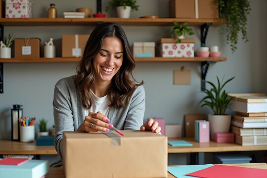 Delightful Moment: A Small Business Owner Joyfully Packing Orders in Their Cozy Home Studio Surrounded by Vibrant Packaging and Handmade Products