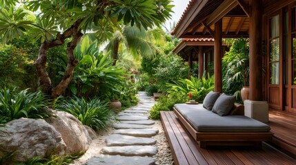 Obraz premium Tropical garden path leading to luxury resort villa patio