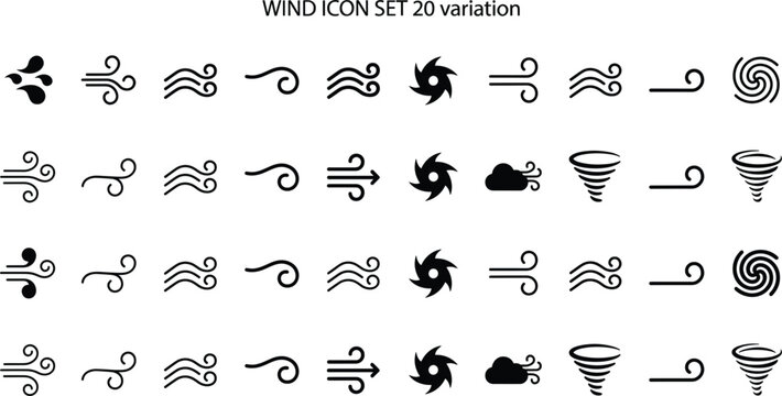 Wind blow line icons set with weather symbols tornado cyclone hurricane breeze wave storm and swirl isolated vectorsWind blow line icons set with weather symbols tornado cyclone hurricane breeze wave 
