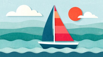 Naklejka premium Sailboat navigating paper cut waves under sun