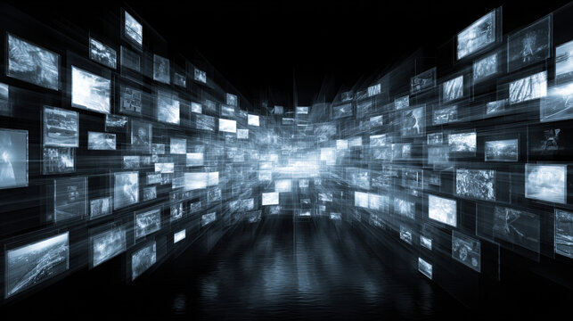 Television Screens Tunnel Perspective Dark Dystopian Media Overload Surveillance Digital Cinematic Dramatic Infinite