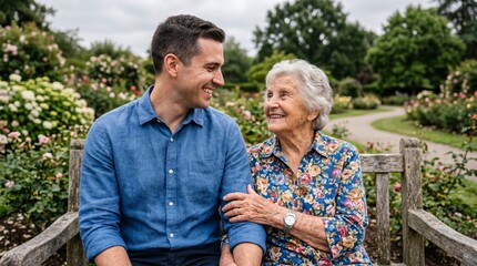 Naklejka premium Happy Senior Grandmother and Adult Grandson Smiling on Garden Bench, Multi Generation Family Outdoors