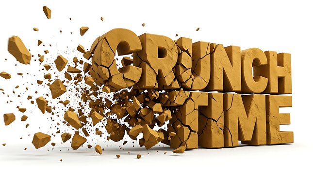 Stone crunch time text exploding on white studio background for corporate motivation marketing