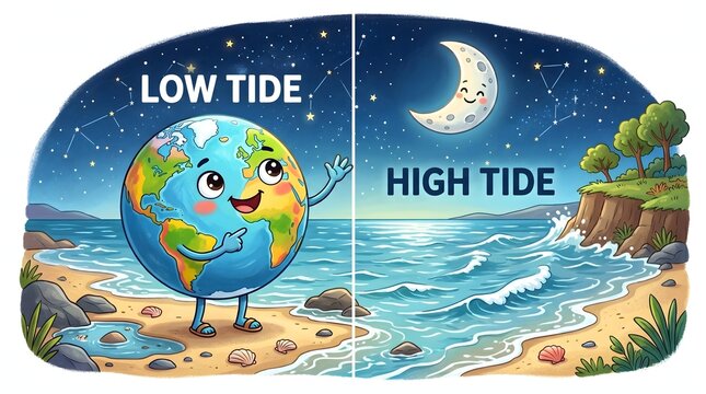 Smiling Earth cartoon exploring the relationship between lunar gravity and changing water levels along coastlines.