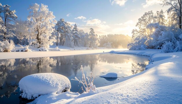 Serene winter landscape after snowfall with frosted trees and calm river reflections