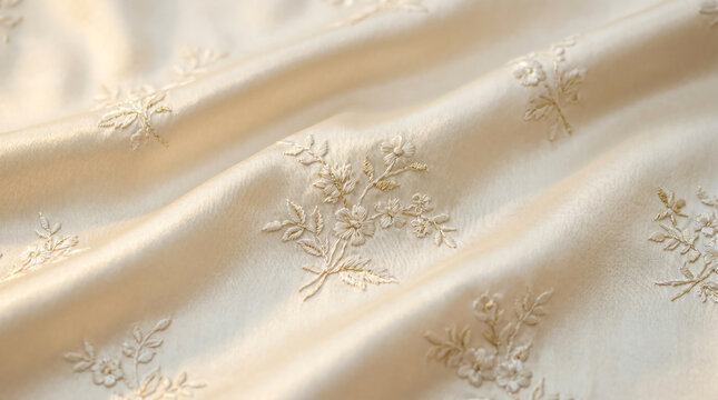 close up of elegant monochrome floral needlework on cream ivory satin fabric