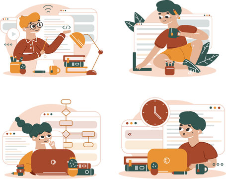 Coding and Programming Flat Vector Set, Developer Characters Working on Laptop with Code, Flowchart, Books, Clock, Coffee, Terracotta Teal Tech Illustration