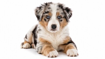Fototapeta premium Playful Australian Shepherd puppy resting calmly, showcasing its striking coat and attentive expression.