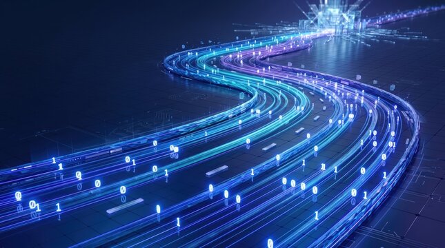 Futuristic digital highway with glowing blue binary code data streams, abstract concept of high speed internet network and information technology infrastructure.