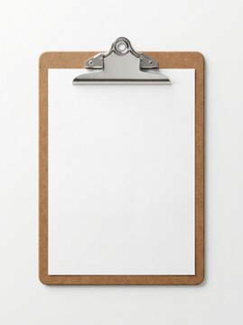 Blank White Paper on Wooden Clipboard, Clean White Background with Copy Space