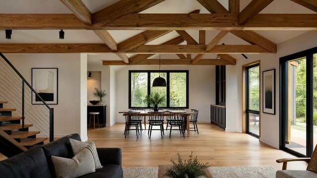 Exposed wooden ceiling beams in architectural interior, natural wood texture.