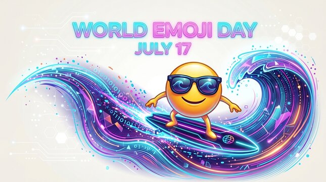 World Emoji Day, colorful emoji surfing, July 17 celebration, vibrant wave
