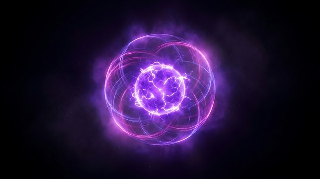 Abstract Purple Neon Sphere Glowing with Energy Pulses in Dark Space