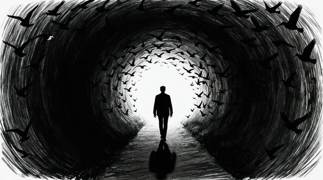 Man walks on path towards bright light in bird tunnel. Swirling flock surrounds him creating spiral motion. Monochromatic scene conveys mystery, solitude, and inner journey.