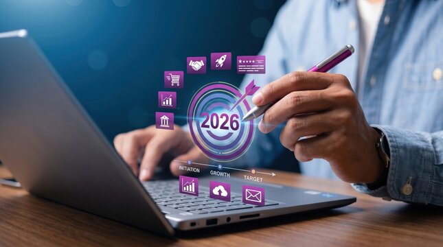 Business professional planning strategy for year 2026 with laptop and pen, featuring growth charts and target icons, visualizing corporate goals