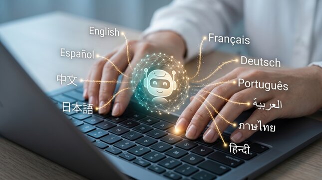Artificial intelligence translation concept with robot icon and multilingual text floating over laptop keyboard, global communication technology