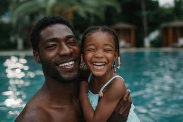 Obraz premium Father and daughter laughing and hugging in swimming pool