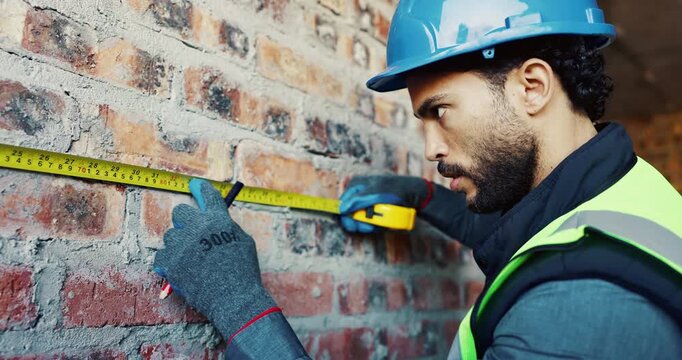 Engineer, wall and tape measure at construction site for precision, dimension and layout for building. Man, space and tools or writing measurement, structure and property development for renovation