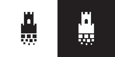 Stylized Castle Silhouette Turret Tower with Gate and Fortified Grid Base in Black and White Minimalist Style - Modern Medieval Fortress Architecture Symbol, Royal Citadel Palace Graphic, and Security © Arolicon