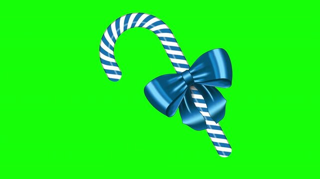 Blue and white striped candy cane with bow animation. Realistic candy cane. Sweet stick for new year. Decoration sugar lollipop. 4K animation