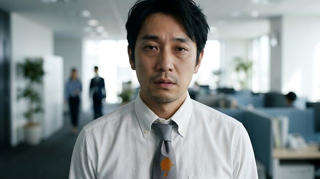 Tired businessman with food stain on tie in office portrait for workplace stress marketing