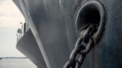 Naklejka premium Extreme close-up of massive steel ship's bow and anchor chain hole.