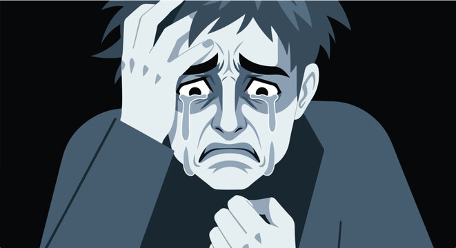 Scared and crying man in deep despair illustration. Flat design terrified guy weeping with heavy tears vector. Dark depression and panic attack concept.