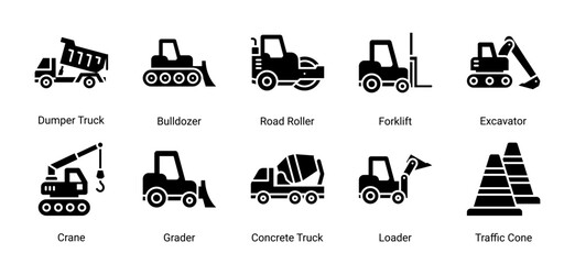 Heavy Machinery icon set featuring industrial vehicles and road construction equipment for engineering, contractor and infrastructure projects. © Arjuna