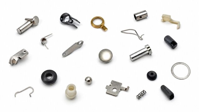 Scattered collection of small metal and plastic objects on white background.