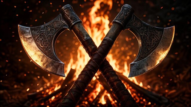 Two crossed Viking axes in front of a bonfire with flying embers.