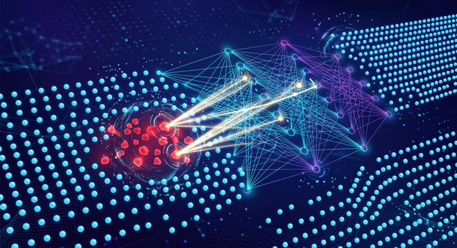 Abstract AI system detecting a red fraud cluster in a digital data field, representing anomaly detection and cyber risk analysis.