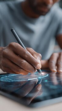 Male designer using stylus to create digital artwork on tablet with holographic interface, close-up view of hands and screen reflecting light in modern workspace