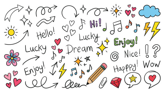 A collection of hand-drawn doodle elements, including various words and symbols, all presented in a playful and colorful style. The doodles are arranged in a scattered pattern on a white background, c