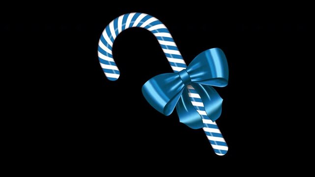 Blue and white striped candy cane with bow animation. Realistic candy cane. Sweet stick for new year. Decoration sugar lollipop. 4K animation. Transparent background with alpha channel