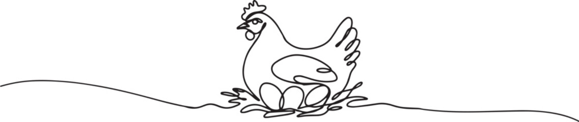 Hen Chicken Laying Eggs One Line Art Vector – Minimal Continuous Line Drawing of Farm Poultry, Nest and Organic Agriculture Illustration © wanda