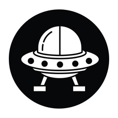 Fototapeta premium UFO Flying Saucer Icon Isolated on Black Circle Background Minimalist Space Travel Symbol