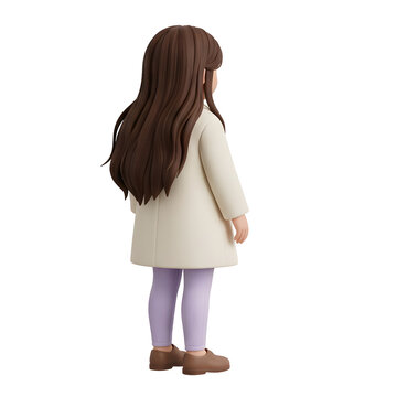 3D cartoon girl in cream coat and purple leggings