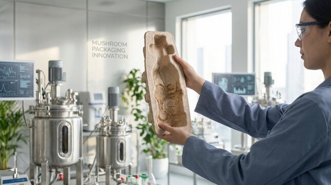 Professional scientist examining sustainable mushroom-based biodegradable packaging material in modern eco-friendly laboratory with advanced equipm...